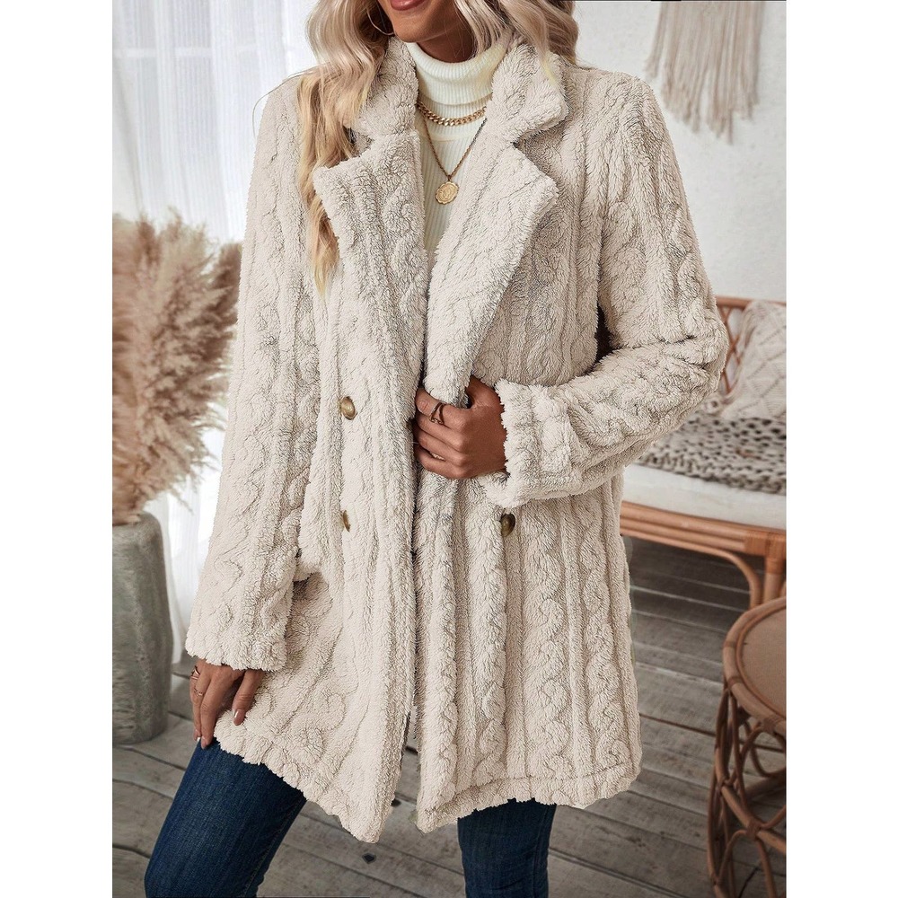 minimalist Double Breasted Lapel collar ribbed knit teddy Coat - Picture 1 of 11